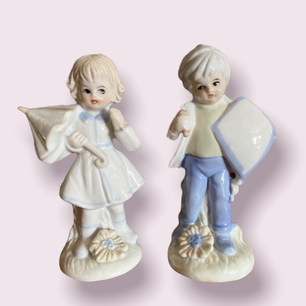 Vintage Porcelain Boy with Kite and Flowers & Girl with Umbrella and Flower
